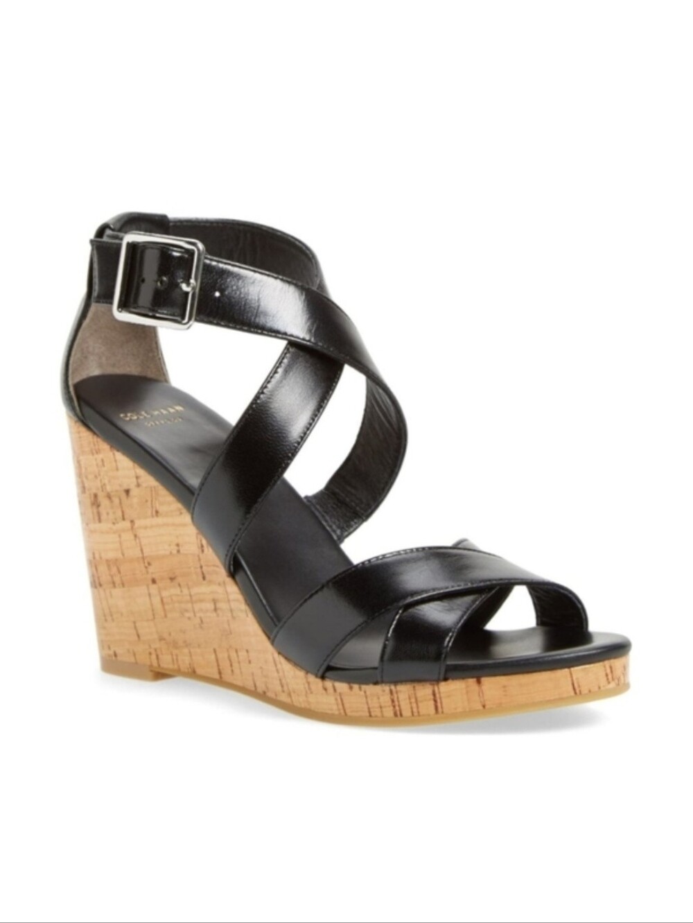 Cole Haan Size 5 Jillian Black Leather Cork Wedge Sandals with Buckle Strap
